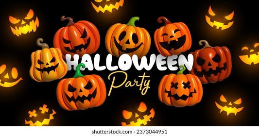 Feliz Halloween. Banner horizontal para sitio web y redes sociales. Calabazas inflables en 3d, emociones en su sonrisa atemorizante. Afiche creativo, diseño de folletos para fiestas, folleto. Ilustración del vector