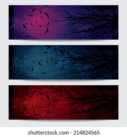 Happy Halloween horizontal banners set design, vector illustration
