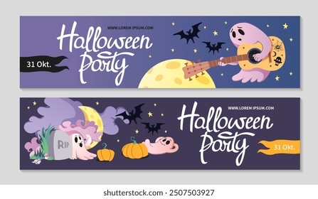 Happy Halloween horizontal banners set. Party invitation background. Ghost with guitar, cute poltergeists in cemetery. Spooky elements, bats, moon. Halloween party lettering. Vector flat illustration.