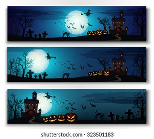 Happy halloween horizontal banners set. Colorful vector illustration