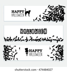 Happy Halloween horizontal banners set with black rats, cat, hat, skull. Vector leaflet.