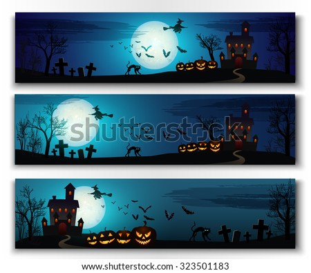 Happy halloween horizontal banners set. Colorful vector illustration