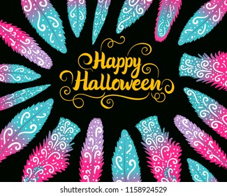 Happy Halloween horizontal card. Lettering the inscription. Hand drawing of feathers isolated on a dark background.