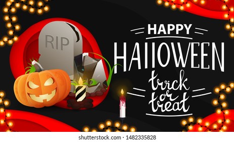 Happy Halloween, horizontal dark card with tombstone and pumpkin Jack