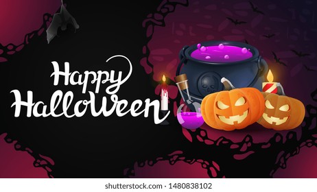 Happy Halloween, horizontal greeting banner with witch's pot and pumpkin Jack