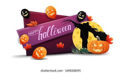 Happy Halloween, horizontal greeting card in cartoon style with Halloween balloons, Scarecrow and pumpkin Jack against the moon