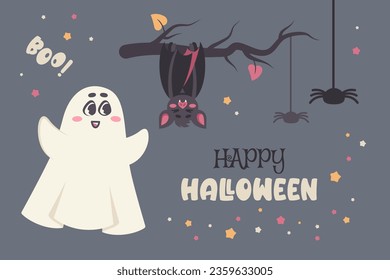 Happy Halloween. Horizontal invitation, card, poster, flyer with cartoon characters and holiday elements. Cute funny ghost scares sleeping bat. Vector illustration for Halloween party, print