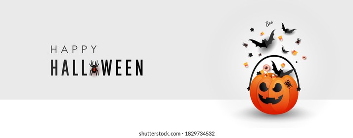 Happy halloween horizontal minimal design background with orange sweets pumpkin with bats on white background, white wall