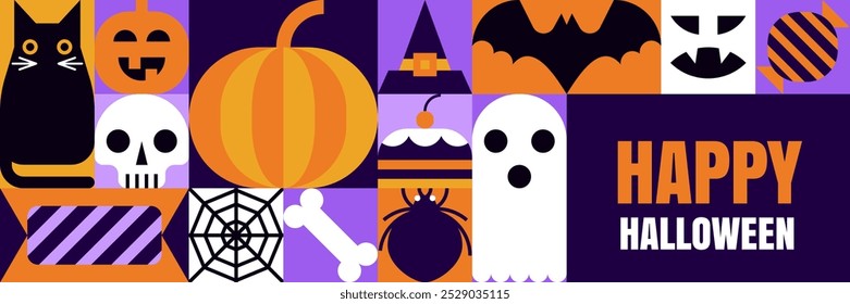 Happy Halloween horizontal poster, banner, greeting card, print design. Holiday symbols geometric background with pumpkin, skull, cat, bat. Vector flat illustration