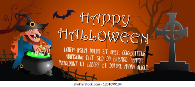 Happy Halloween horizontal poster design with witch and poison kettle. Creative lettering with witch, potion kettle, pumpkins, grave, bat and tree on red background. Can be used for banners, posters, 