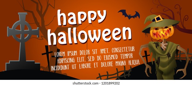 Happy Halloween horizontal poster design with straw man.  Creative lettering with straw man, grave, bat and tree on red background. Can be used for banners, posters. 