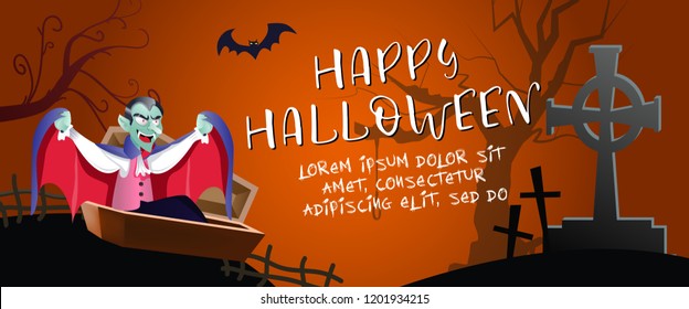 Happy Halloween horizontal poster with Dracula vampire. Creative lettering with vampire, pumpkins, grave, bat and tree on red background. Can be used for banners,postcards,leaflets. 
