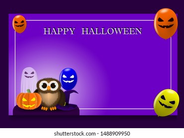 Happy Halloween, horizontal purple design greeting cards for Halloween with pumpkins and balloons,owl and ghosts, vector illustration