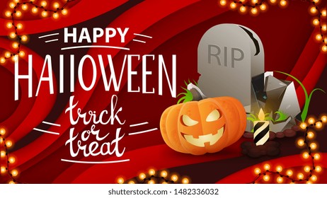 Happy Halloween, horizontal red postcard in paper cut style with tombstone and pumpkin Jack
