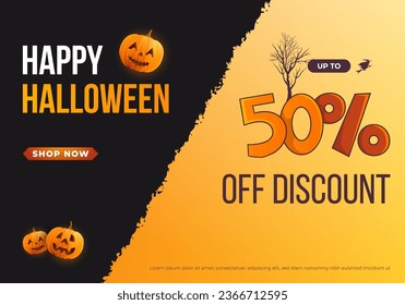 Happy halloween horizontal sale banner for promotion with realistic pumpkins and typography illustration on yellow black background