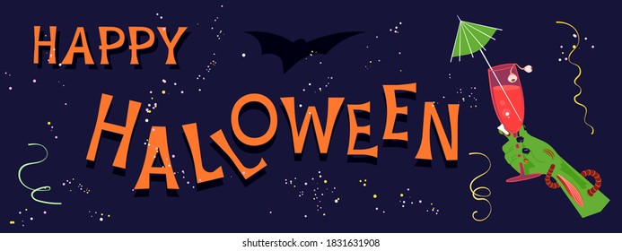 Feliz planilla horizontal de Halloween. Planilla de volante o pancarta con manos zombi sosteniendo un cóctel de sangre sobre fondo azul oscuro. Ilustración de vectores de arte plano