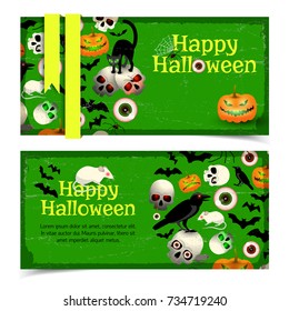 Happy halloween horizontal vintage banners  poster with cartoon symbols of holiday on green background flat vector illustration
