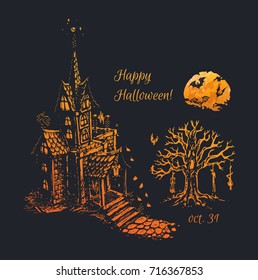 Happy Halloween! Horrible hand-drawn house, moon & tree. orange silhouette on black background. Isolated vector for greeting cards & decoration of black walls