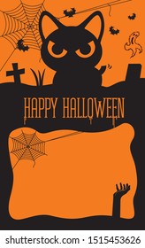 Happy Halloween. Horror black cat at grave with spider-web, flying bats and ghost. Halloween signboard for sale ad - vector illustration