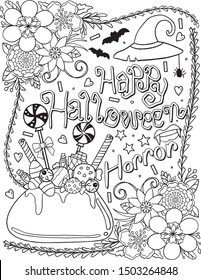 Happy Halloween - Horror font with cute cartoon candy, hat and flower elements. Hand drawn icons and objects. Doodles art for greeting card, invitation or poster. Coloring book for adult and kid. 