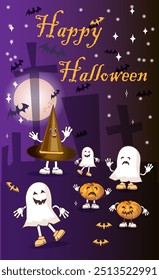 happy halloween, horror moon spooky cemetery silhouettes of scary crosses and fear graves