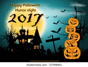 Happy Halloween Horror night  2017 text -  Head Pumpkins -  modern design Idea and Concept  Vector illustration  Infographic template with Castle,tree,grass,moon,
Graves.