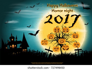 Happy Halloween Horror night  2017 text -  Head Pumpkins -  modern design Idea and Concept  Vector illustration  Infographic template with Castle,tree,grass,moon,
Graves.