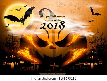 Happy Halloween Horror night  2018 text -  Head Pumpkins -  modern design Idea and Concept  Vector illustration  with Castle,tree,grass,moon,Graves.