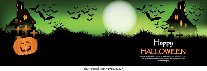 Happy halloween horror night background with hounted house and flying bats 