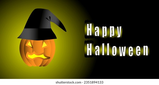 Happy Halloween Horror Night Green Gradient Background Glowing Pumpkin Witch Hat Lettering 3D Vector EPS10
