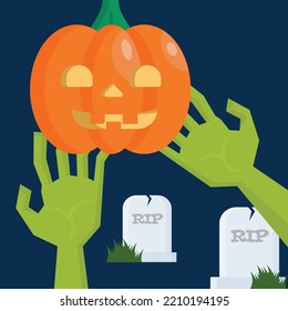 Happy Halloween Horror night - Modern Design Ideas and Concepts Vector illustration graphic template with Pumpkin Head, Castle, tree, grass, moon, Graveyard.