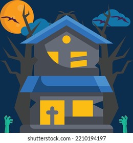 Happy Halloween Horror night - Modern Design Ideas and Concepts Vector illustration graphic template with Pumpkin Head, Castle, tree, grass, moon, Graveyard.