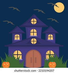 Happy Halloween Horror night - Modern Design Ideas and Concepts Vector illustration graphic template with Pumpkin Head, Castle, tree, grass, moon, Graveyard.