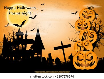 Happy Halloween Horror night  text -  Head Pumpkins -  modern design Idea and Concept  Vector illustration  Infographic template with Castle,tree,grass,moon,
Graves.
