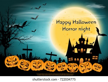 
Happy Halloween Horror night  text -  Head Pumpkins -  modern design Idea and Concept  Vector illustration  Infographic template with Castle,tree,grass,moon,
Graves.