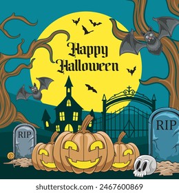 Happy Halloween Horror Spooky Castle Pumpkin Nighttime Moon Bat Graveyard Scene Illustration