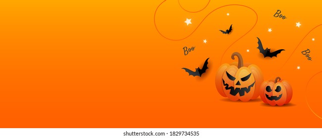 Happy halloween horror story. Happy halloween background template with orange trick or treat pumpkin and color candy, bats on orange background.