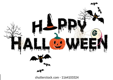 Happy halloween, horrow typo with moon,bats,trees,pumpkin,eyes,hats Vector illustration . Trick or treat on white background