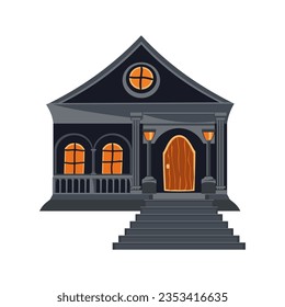 Happy Halloween house. Creepy dark cottage with lanterns and stairs. Cartoon gothic architecture in flat style. Vector illustration.