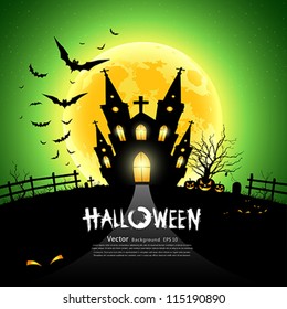 Happy Halloween House Scary On Green Background, Vector Illustration