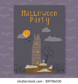 Happy Halloween house scary on grey background, vector illustration.Invitation to a Halloween party.