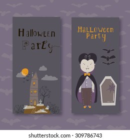 Happy Halloween house scary on grey background, vector illustration. Vampire with coffin and bats. Invitation to a Halloween party.