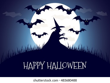 Happy Halloween house scary on blue background, vector illustration. Halloween party.