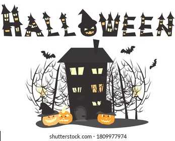 
Happy Halloween, a house with trees and a bat, pumpkins in hats for Halloween party design. 