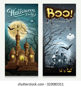 Happy Halloween houses collections banner vertical background, vector illustrations