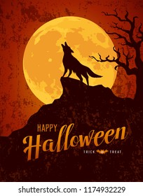 Happy Halloween Howling Wolf On The Moon Rough Surface Design Background, Vector Illustration