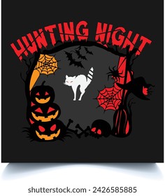 Happy Halloween hunting night - Head Pumpkins - modern design Idea and Concept Vector illustration Infographic template with Graves, celebration flying witch black background design, scary white cat.