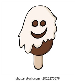 Happy Halloween Ice Cream Character. Ghost with a cloak. Cute doodle flat vector sweet holiday symbol. Hipster advertisement halloween decoration icon clipart