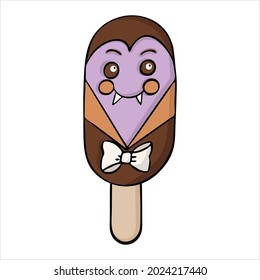 Happy halloween ice cream character. Vampire with teeth and cloak. Cute doodle flat vector sweet holiday symbol. Icon for Halloween Party decoration advertising hipster clip-art.