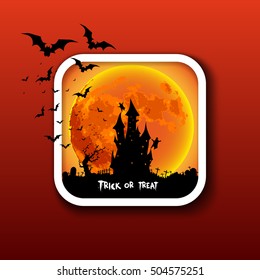 Happy Halloween icon button, Mix of Various Spooky Creatures, Moon and Castle, Vector Illustration